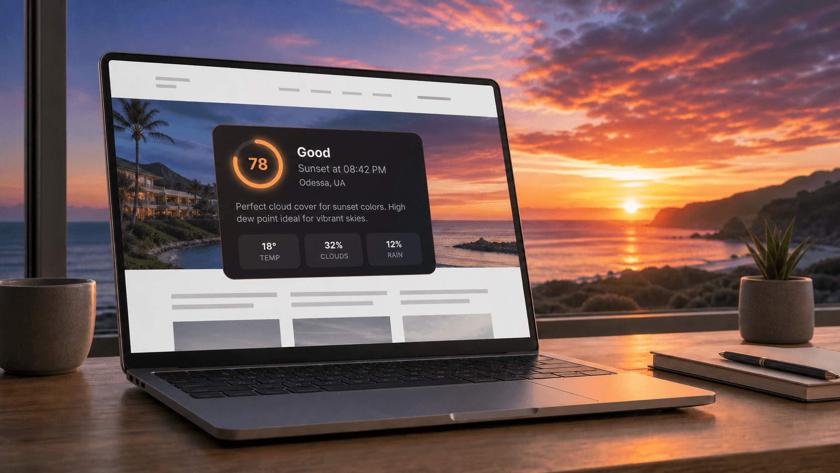 Sunset Predictor widget builder showing a live Paris sunset quality score beside customization controls